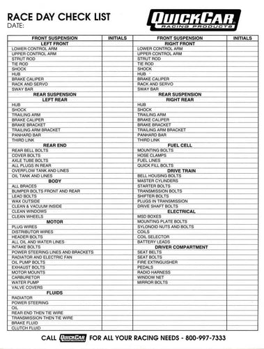 QuickCar Race Day Check-List 51-237