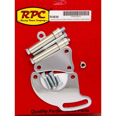 Racing Power SBC Saginaw Power Steer Bracket Long Water Pump Chrome R3830