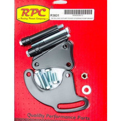Racing Power SBC Saginaw Power Steer Bracket Long Water Pump Black R3831