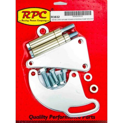 Racing Power BBC Saginaw Power Steer Bracket Long Water Pump Chrome R3832