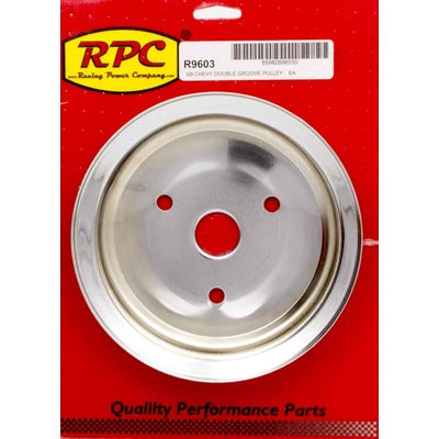 Racing Power SBC 2-Groove Crank Pulley Short Pump Chrome R9603