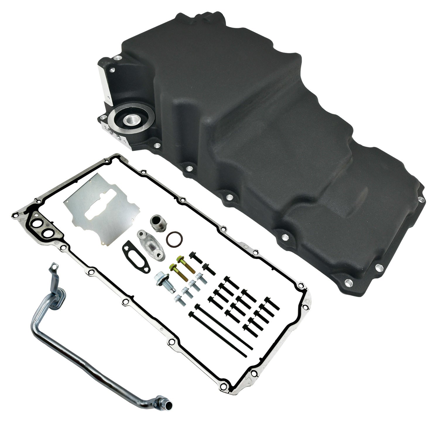 Specialty Products Engine Oil Pan 8449BK, GM LS-Series, shown with hardware