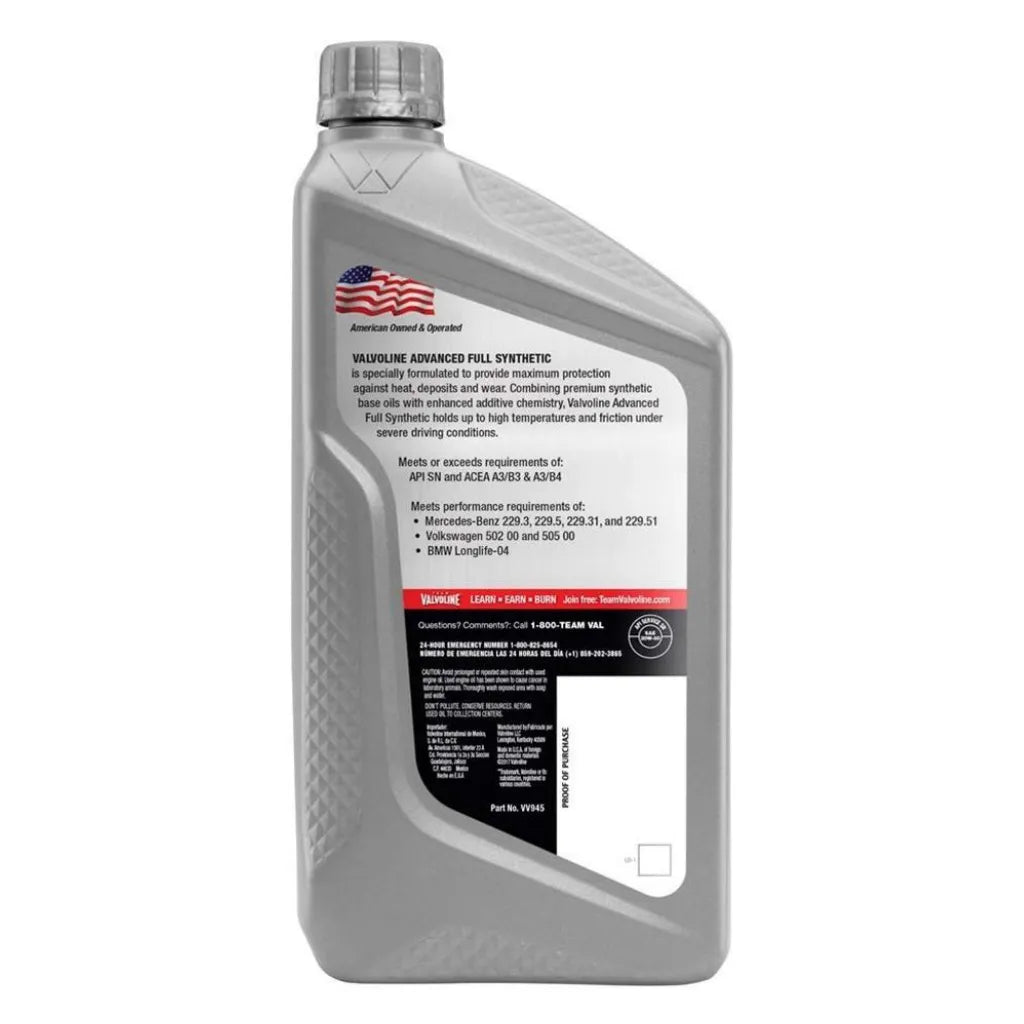 Valvoline Full Synthetic Advanced 20W-50 Motor Oil VV945 (Qt, back label)