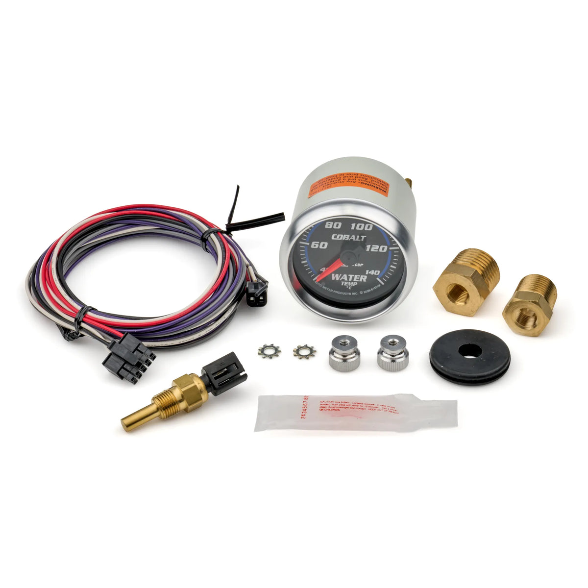 AutoMeter Water Temperature Gauge 6155-M (shown with all included components)