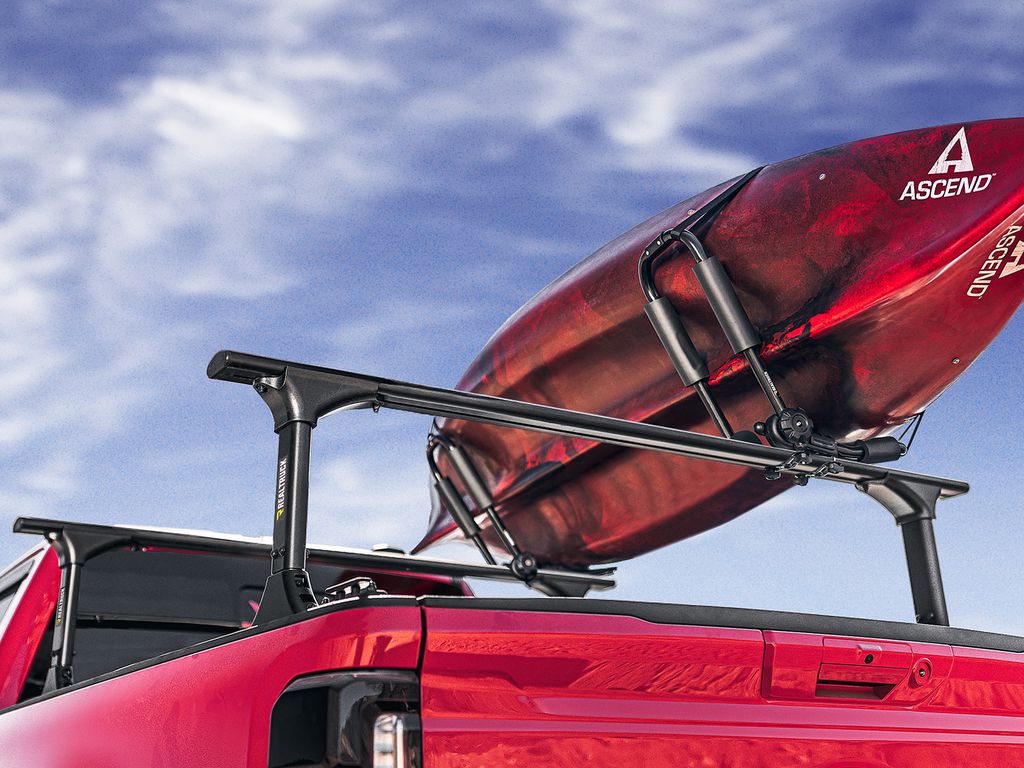 RealTruck Elevate Kayak Carrier (lifestyle photo showing how kayak travels mounted)
