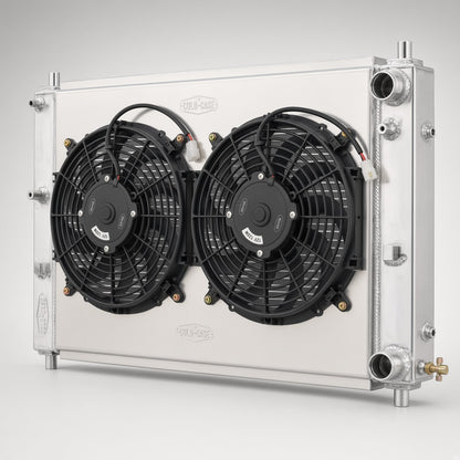 Cold Case Radiator and Fan LMM573-7K4, 97-04 Mustang (angle view)