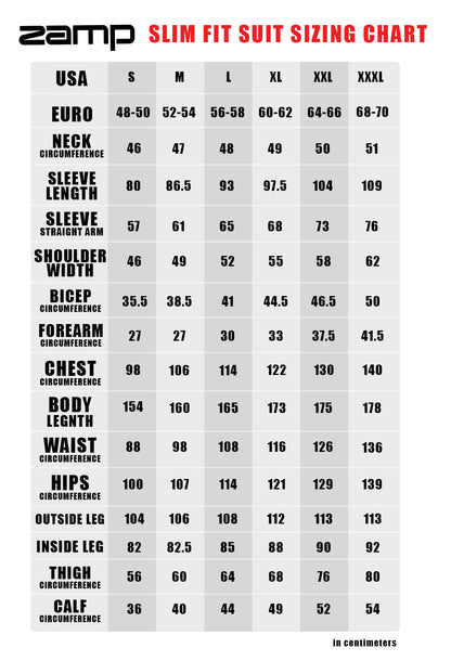 Zamp Slim Fit Suit Size Chart