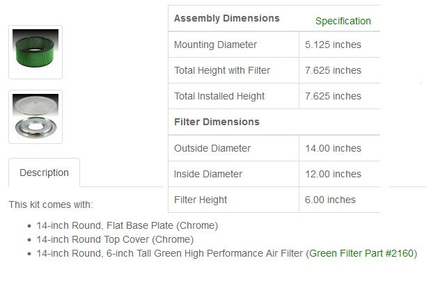 Green Filter Air Cleaner Assembly 14"x6" Flat Base 2196