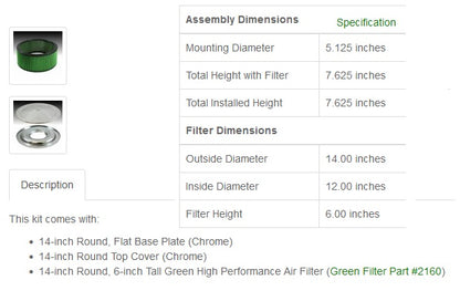 Green Filter Air Cleaner Assembly 14"x6" Flat Base 2196
