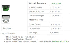Green Filter Air Cleaner Assembly 14"x6" Flat Base 2196