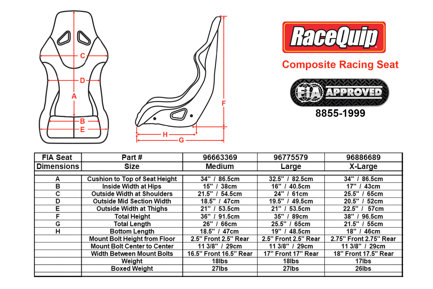 RaceQuip FIA Composite Racing Seat Size Chart