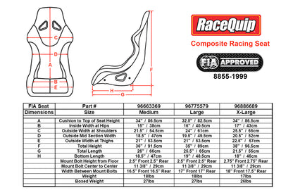 RaceQuip FIA Composite Racing Seat Size Chart
