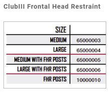 Club III Frontal Head Restraint Size Chart