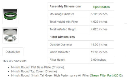 Green Filter Air Cleaner Assembly 2194 Specifications