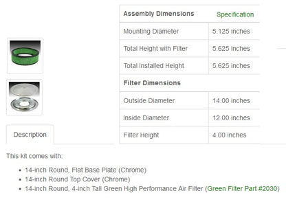 Green Filter Air Cleaner Assembly 2195 Specifications
