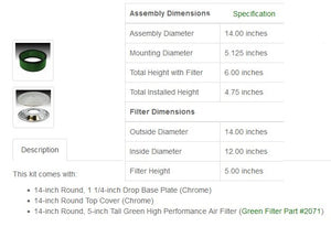 Green Filter Air Cleaner Assembly 2345 Specifications